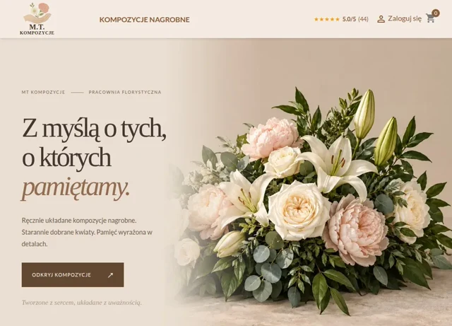Podgląd sklepu MT Kompozycje: elegancka typografia i ręcznie układane kompozycje kwiatowe